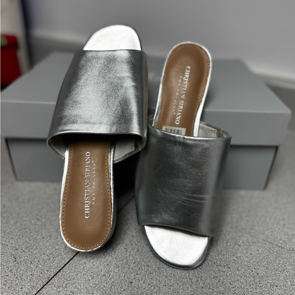 New Christian Siriano Silver Mules with Metallic Finish